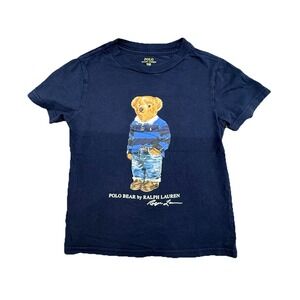 Navy Boys Kids  Navy Blue Toddler Short Sleeve Polo Ralph Lauren Bear Shirt 4T